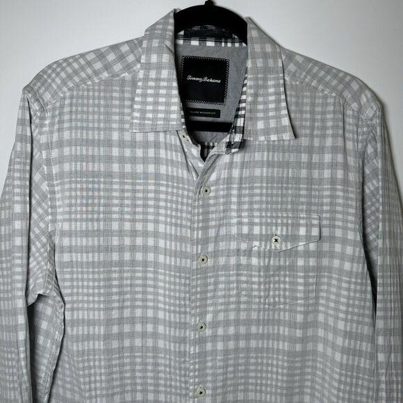 Tommy Bahama Shirt Mens Medium Gray Island Modern Fit Reverse Print Plaid Aloha - Picture 4 of 14